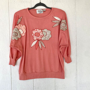 Cervelle Pink Pullover Sweater M Knit Embroidered Floral Lace Pearls VTG 70s 80s